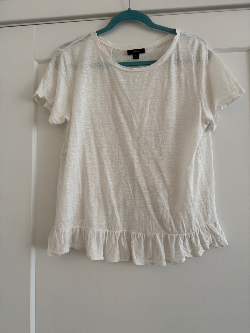 J. Crew White Linen Ruffle-Hem Short Sleeve Tee